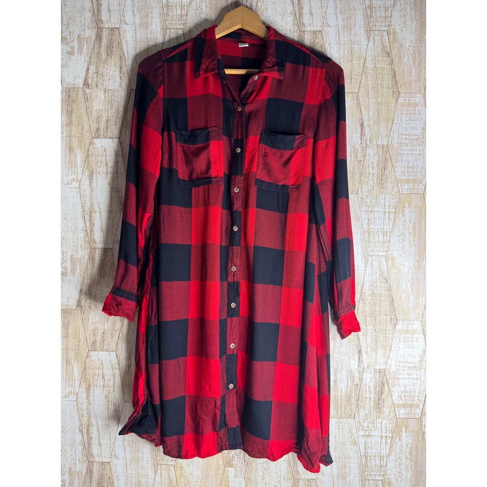 Old Navy Red Black Buffalo Plaid Button Down Shirt Tunic‎ Dress Womens M Rayon